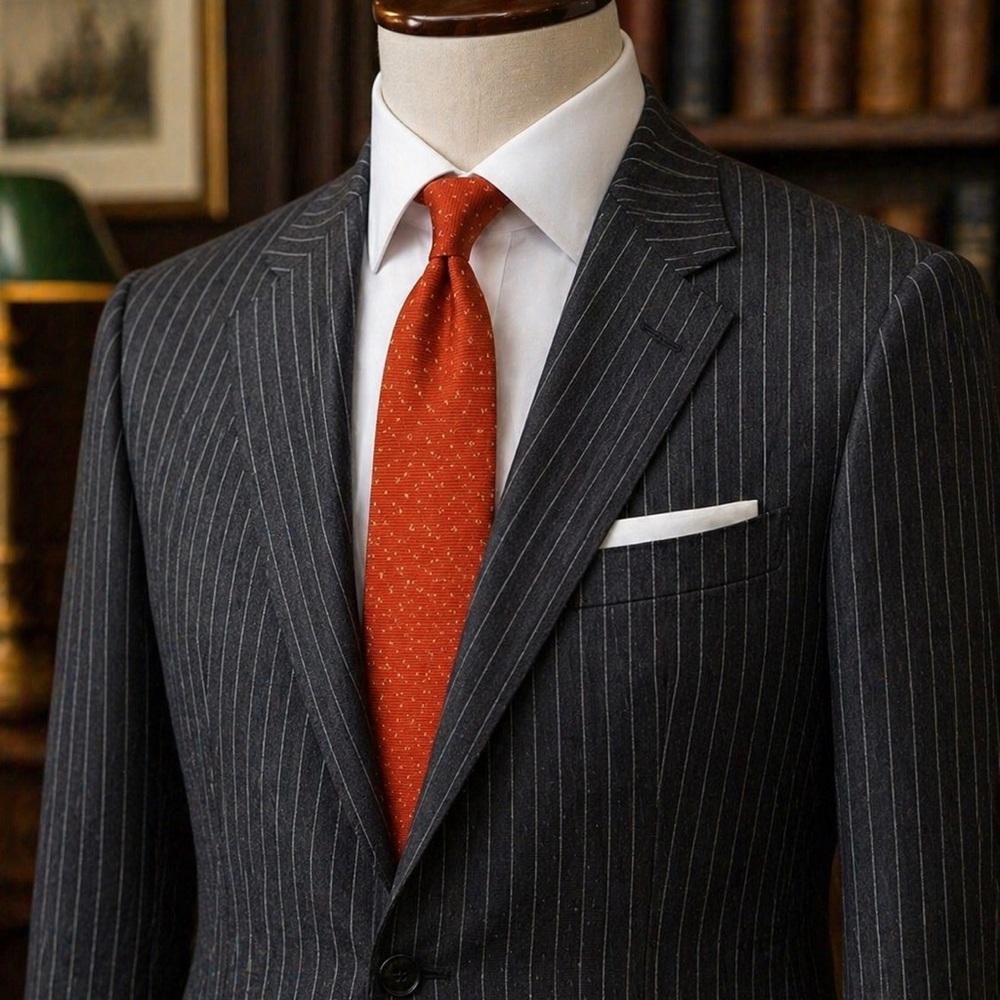 Gianluca Isaia Charcoal Pinstripe Suit with Burnt Orange Dormeuil Tie